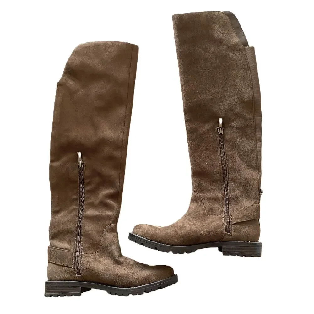 EUC G H BASS India Over the Knee Brown Faux Suede Flat Boots with Buckle Sz 5.5